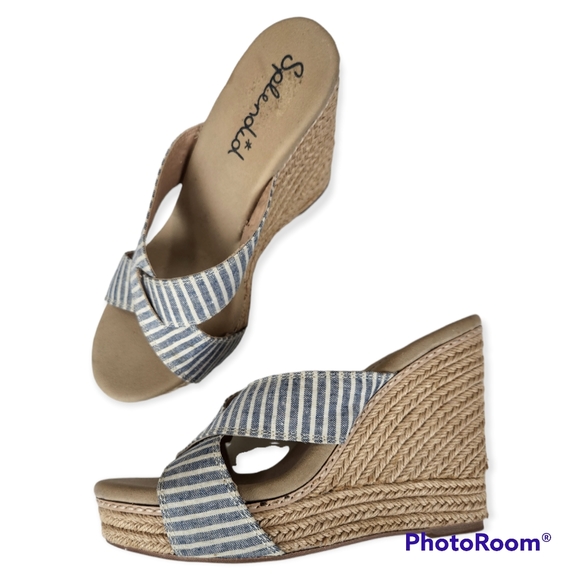 Splendid Kalypso denim chambray and white stripe wedge sandals size 8.5 - Picture 14 of 15